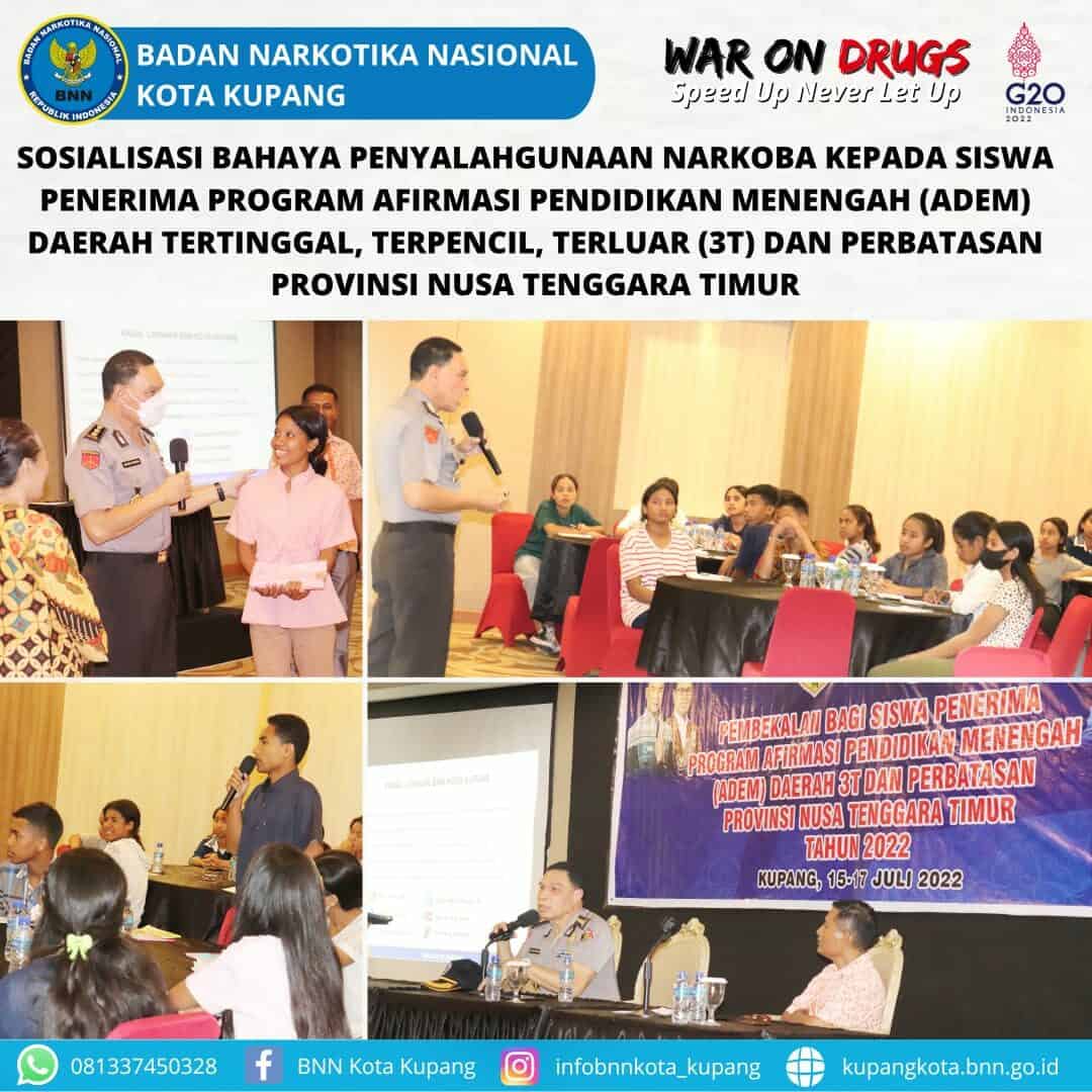 Sosialisasi Bahaya Narkoba kepada Siswa Penerima Program Afirmasi Pendidikan Menengah (ADEM) Daerah Tertinggal, Terpencil, Terluar (3T) dan Perbatasan Sosialisasi Bahaya Narkoba kepada Siswa Penerima Program Afirmasi Pendidikan Menengah (ADEM) Daerah Tertinggal, Terpencil, Terluar (3T) dan Perbatasan